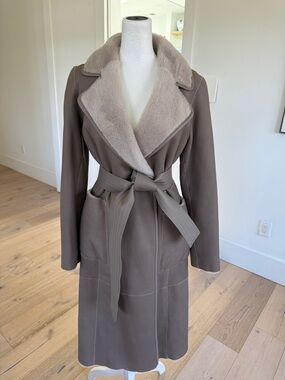 BLANCHA Reversible Taupe Leather Shearling Coat - Cream Fur Trim